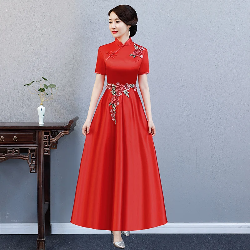 Красное длинное вечернее платье элегантное винтажное Qipao с коротким рукавом