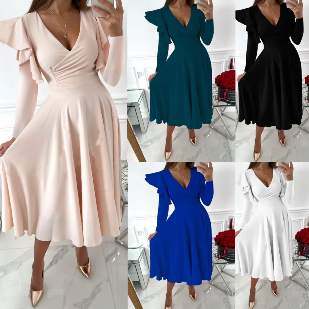 Explosive Autumn and Winter Long-sleeved V-neck Ruffled Long-sleeved Waist Dress Women's Clothing
Explosive Autumn and Winter Long-sleeved V-neck Ruffled Long-sleeved Waist Dress Women's Clothing