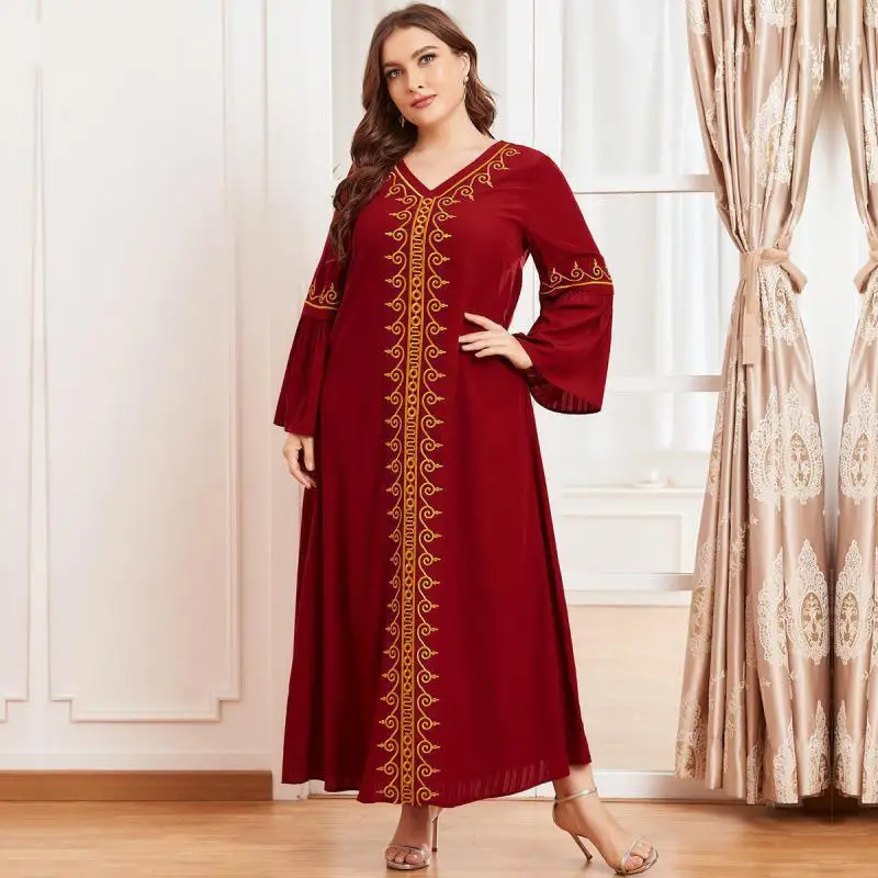 Muslim Oversized Women's Gold Thread Embroidery Long-sleeved Folds Retro Ethnic Red Temperament Long Skirt Djellaba 2021
Muslim Oversized Women's Gold Thread Embroidery Long-sleeved Folds Retro Ethnic Red Temperament Long Skirt Djellaba 2021