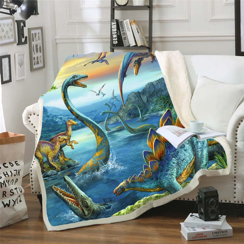 

Dinosaur Jurassic Funny Character Blanket 3D Print Sherpa Blanket on Bed Home Textiles Dreamlike Style 11