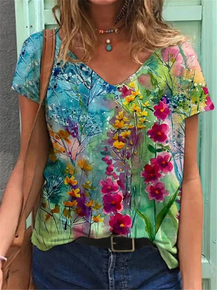 Spring Women's T-Shirt 2021 New Fashion Flower Pinted Lady Clothes Short Sleeve V-Neck Plus Size Loose Casual T-Shirt Female Top
Spring Women's T-Shirt 2021 New Fashion Flower Pinted Lady Clothes Short Sleeve V-Neck Plus Size Loose Casual T-Shirt Female Top