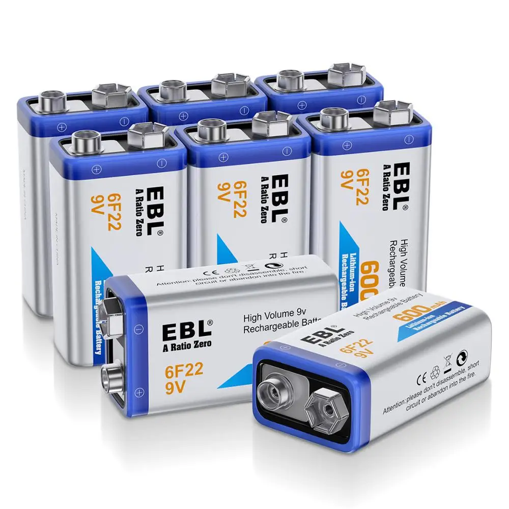 EBL 8pcs 6F22 600mAh 9 Volt Li-ion Rechargeable Battery 9V Li ion Lithium Battery for RC Helicopter Model Microphone Toy
EBL 8pcs 6F22 600mAh 9 Volt Li-ion Rechargeable Battery 9V Li ion Lithium Battery for RC Helicopter Model Microphone Toy