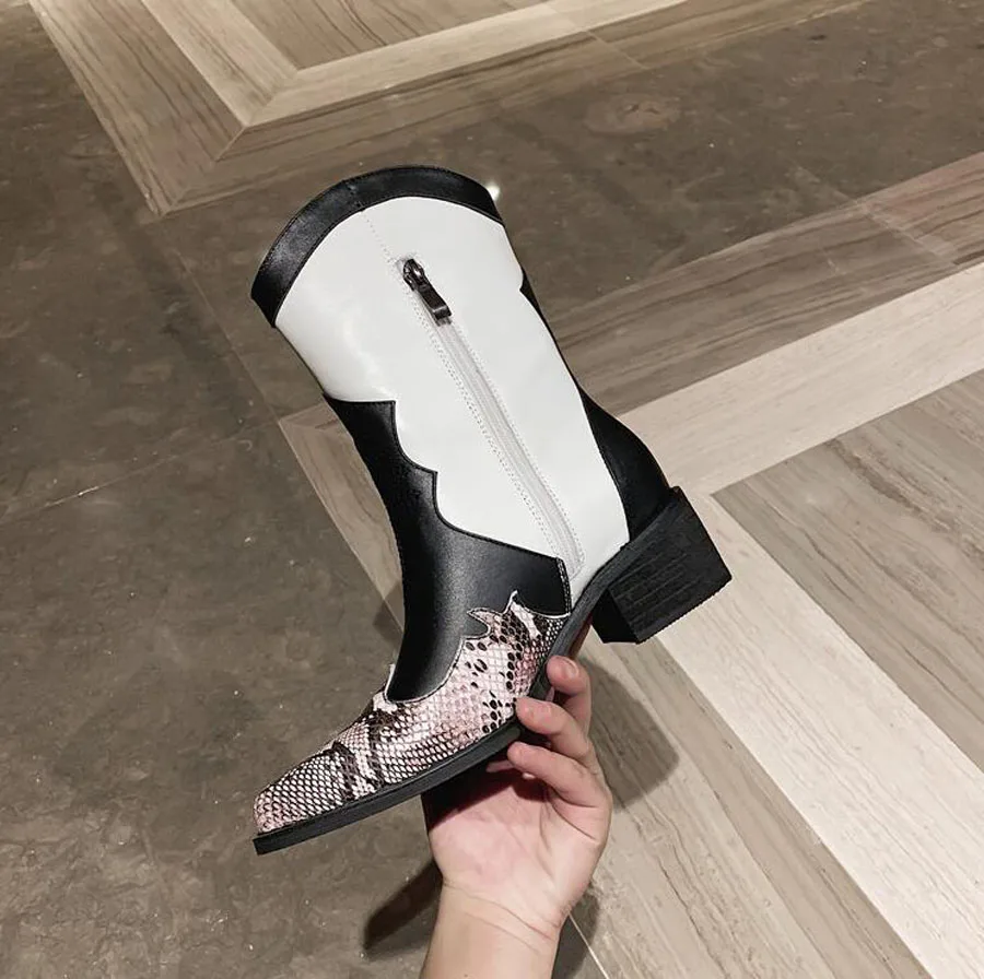 Prova Perfetto Women Short Boots Snakeskin Patchwork Pointed Toe Square Heel Chelsea Boots Women Retro Style Martin Boots Female 
Prova Perfetto Women Short Boots Snakeskin Patchwork Pointed Toe Square Heel Chelsea Boots Women Retro Style Martin Boots Female