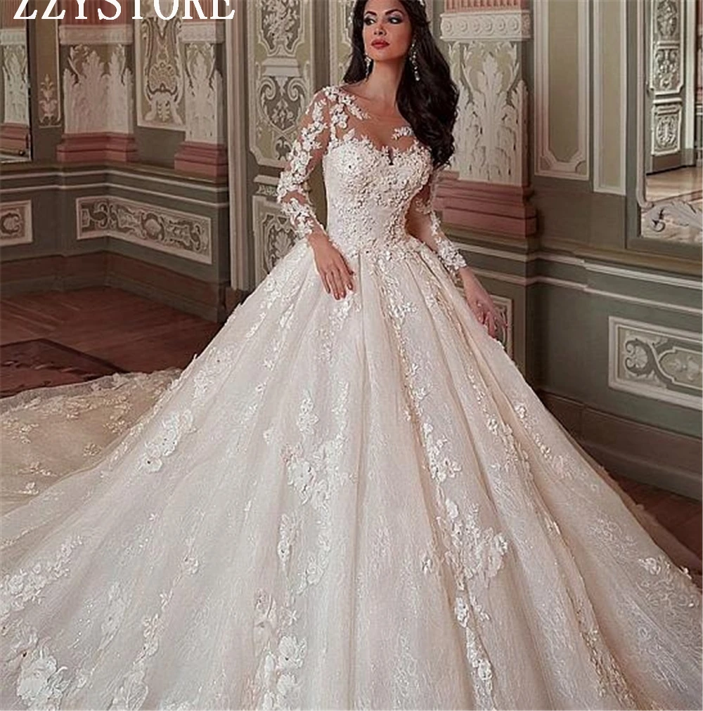 

Роскошное кружевное бальное платье, свадебные платья с аппликацией из бисера и цветов, свадебное платье с длинным шлейфом, Vestido De Noiva, 2019