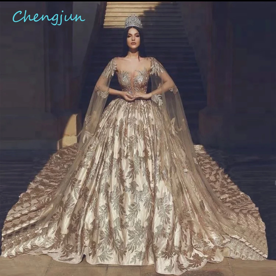 Chengjun New Deaign Gold Women Ball Gown Transparent Tops Sexy Lace Luxury Wedding Dress With Sleeves
Chengjun New Deaign Gold Women Ball Gown Transparent Tops Sexy Lace Luxury Wedding Dress With Sleeves