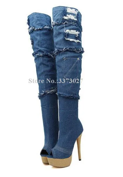 Модные синие джинсовые длинные сапоги на платформе женские выше колена высоком