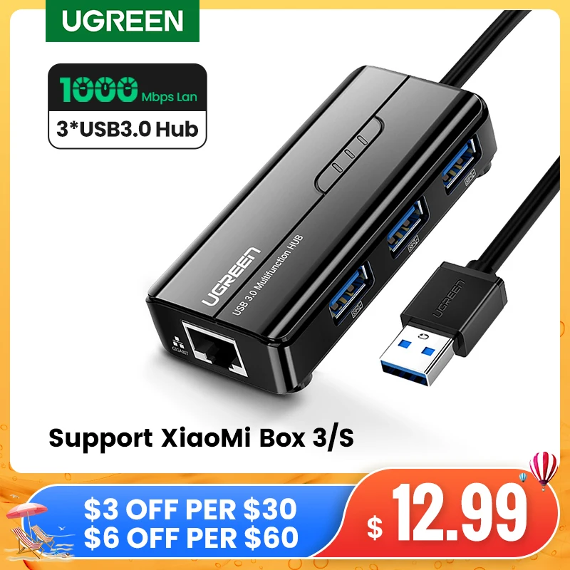 UGREEN USB Ethernet 3 0 2 к RJ45 концентратор для компьютера Xiaomi Mi Box 3/S телеприставка адаптер