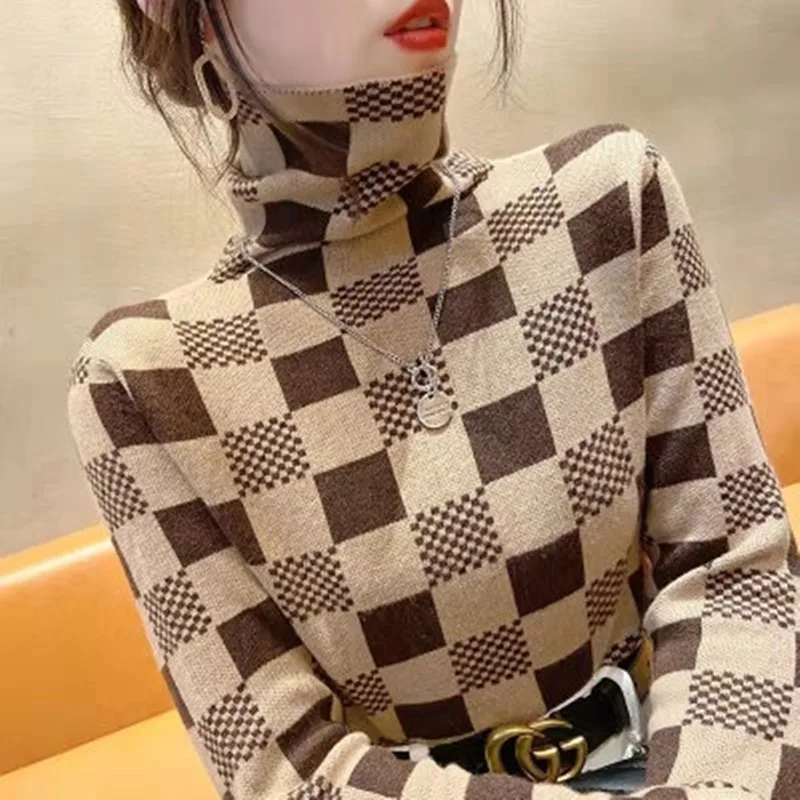 Осенняя рубашка-свитер с высокой горловиной, Модный женский свитер с продвинутым ощущением, трикотажная Базовая рубашка 
Осенняя рубашка-свитер с высокой горловиной, Модный женский свитер с продвинутым ощущением, трикотажная Базовая рубашка