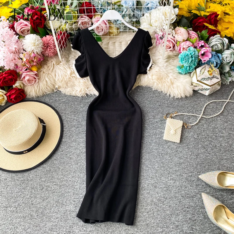 V-neck Backless Elastic Knitted Dress Ruffled Sleeve High Waist Solid Color Short-Sleeve Dresses Women Party Vestido Feminino
V-neck Backless Elastic Knitted Dress Ruffled Sleeve High Waist Solid Color Short-Sleeve Dresses Women Party Vestido Feminino