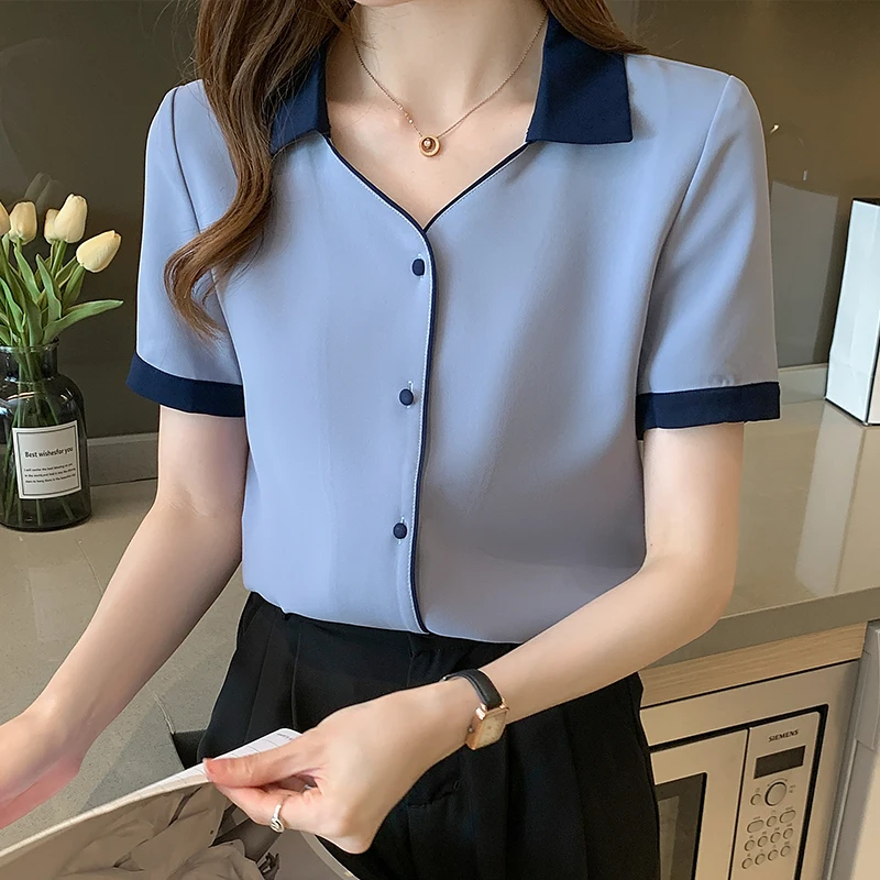 Fashion Women Shirts Summer Solid Blouses Short Sleeve Button Up Shirt Sexy V-neck Ladies Tops 2021 Female Basic Womens Clothing 
Fashion Women Shirts Summer Solid Blouses Short Sleeve Button Up Shirt Sexy V-neck Ladies Tops 2021 Female Basic Womens Clothing