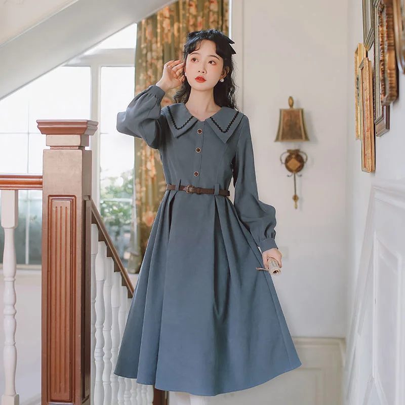 Preppy Style Midi Dress with Belt for Women, Sweet Casual, Pure Color, Peter Pan Collar, Lovely, Long, Summer, Spring, Fall
Preppy Style Midi Dress with Belt for Women, Sweet Casual, Pure Color, Peter Pan Collar, Lovely, Long, Summer, Spring, Fall