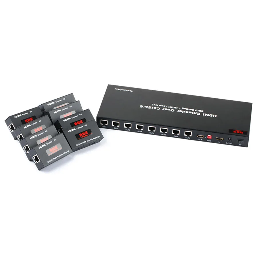 Uncompressed 60m 1x8 HDMI Extender Splitter over Cat6 With EDID and Loopout 1Transmitter + 8 Receivers 8Ports HDMI Splitter
Uncompressed 60m 1x8 HDMI Extender Splitter over Cat6 With EDID and Loopout 1Transmitter + 8 Receivers 8Ports HDMI Splitter
