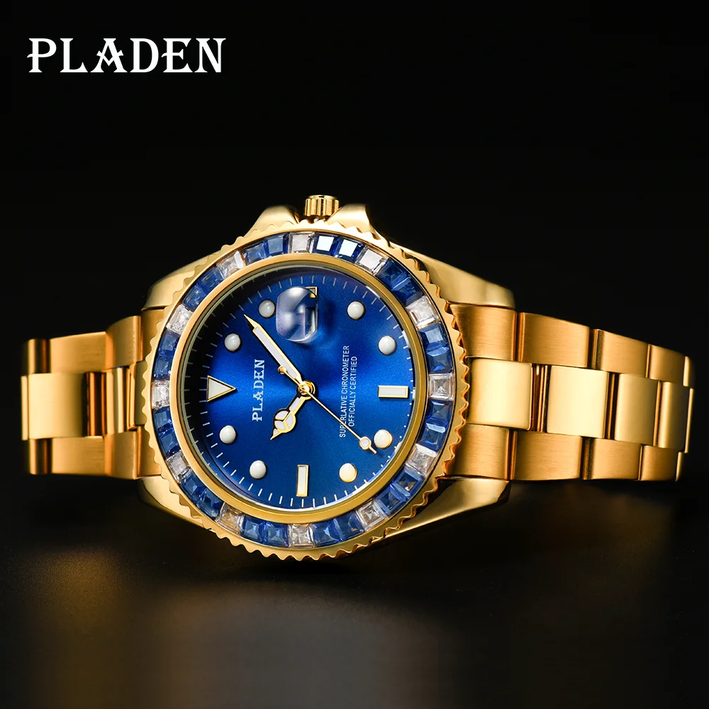 

PLADEN 18K Real Gold Men Watch Blue Square Diamond Street Style Sapphire American Saat Auto Date Valentine's Day Montre Luxe