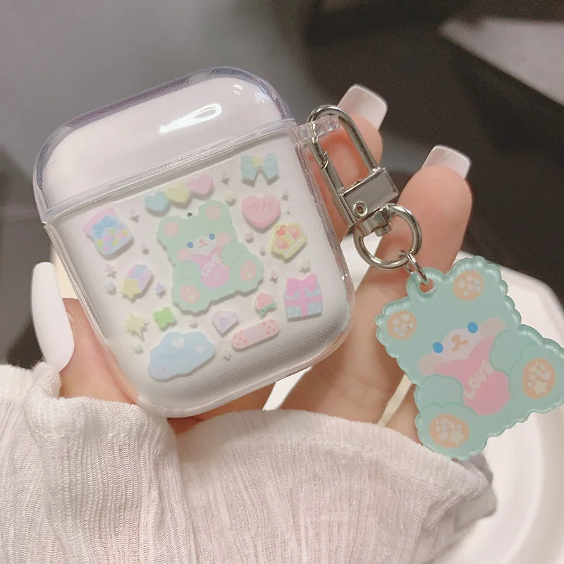 Жесткий Чехол брелок для airpod pro с кулоном мультяшного медведя прозрачный милый