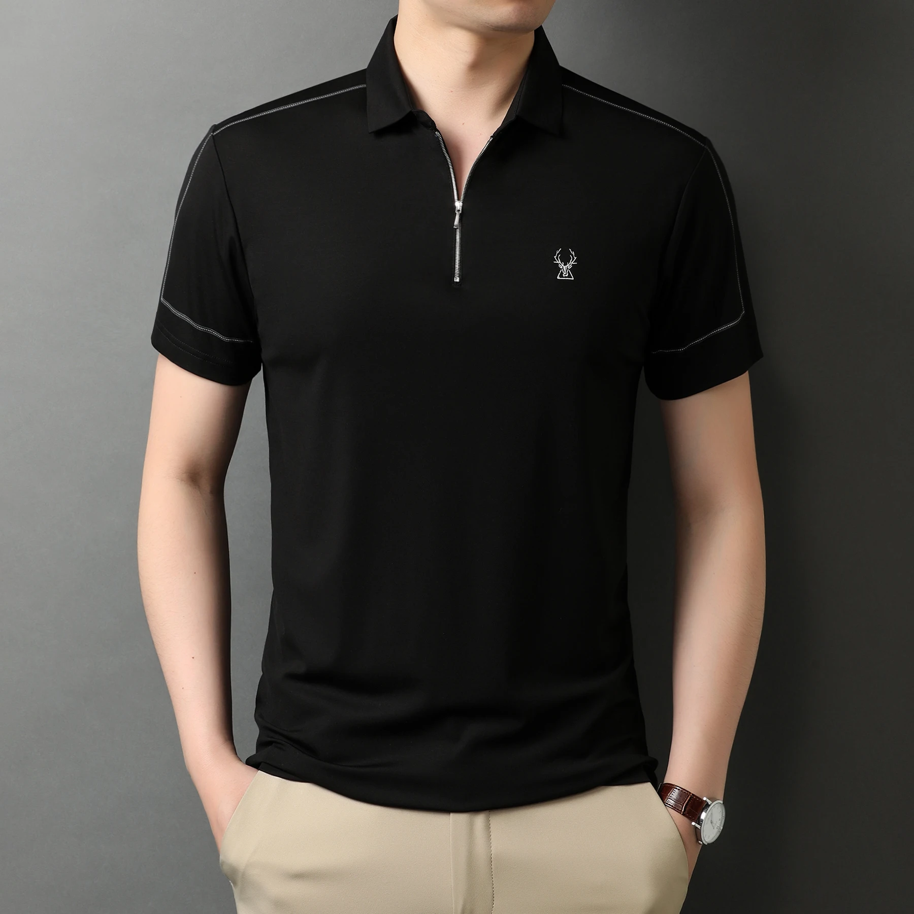 

Deer head embroidered POLO shirts men's short sleeve T-shirt mercerized cotton POLO shirt lapel leisure blouse half sleeve