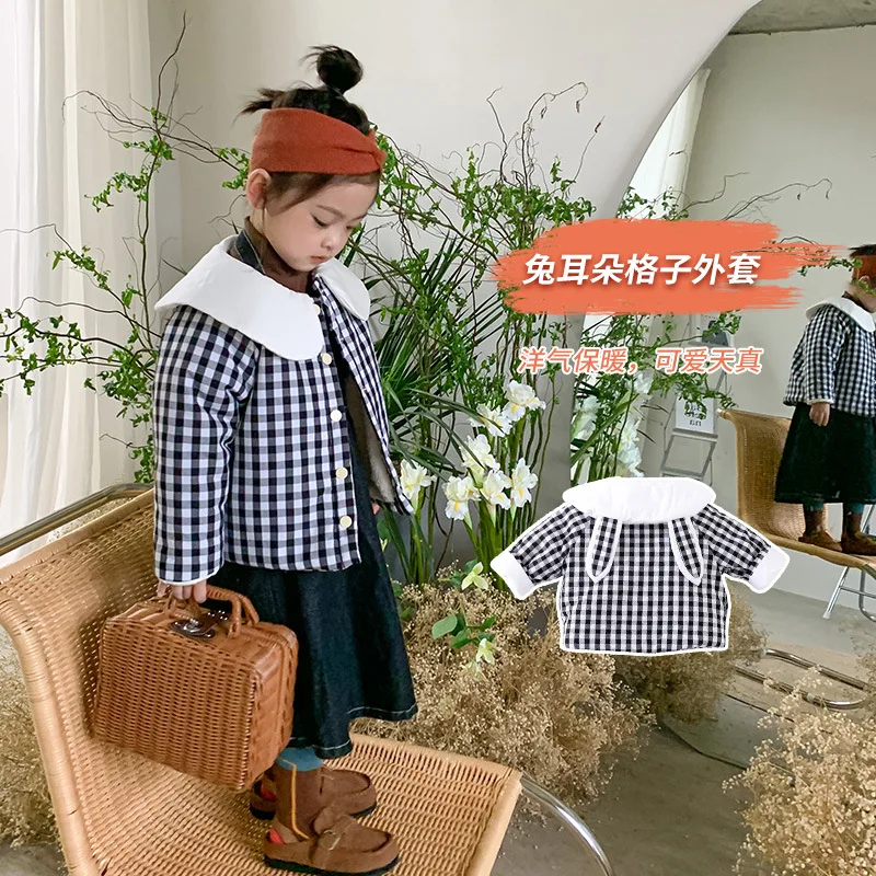 Winter New Arrival Korean style Plaid Cotton Padded Jacket with Lotus Leaf collar Lovely Rabbit Ears girl's warm thickened Coat
Winter New Arrival Korean style Plaid Cotton Padded Jacket with Lotus Leaf collar Lovely Rabbit Ears girl's warm thickened Coat