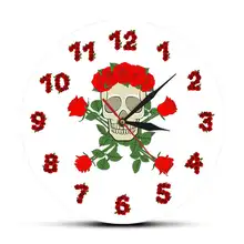 Sweet Skull With Rose Wreath Decorative Wall Clock Skeleton Modern Printed Acrylic Wall Watch Room Decoration For Skull Fever