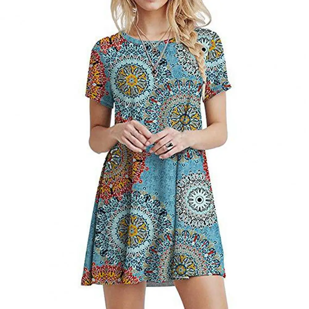 Mini Dress Short Sleeves Pockets Women Clothing Printed Round Neck Loose Dress for Daily Life 
Mini Dress Short Sleeves Pockets Women Clothing Printed Round Neck Loose Dress for Daily Life