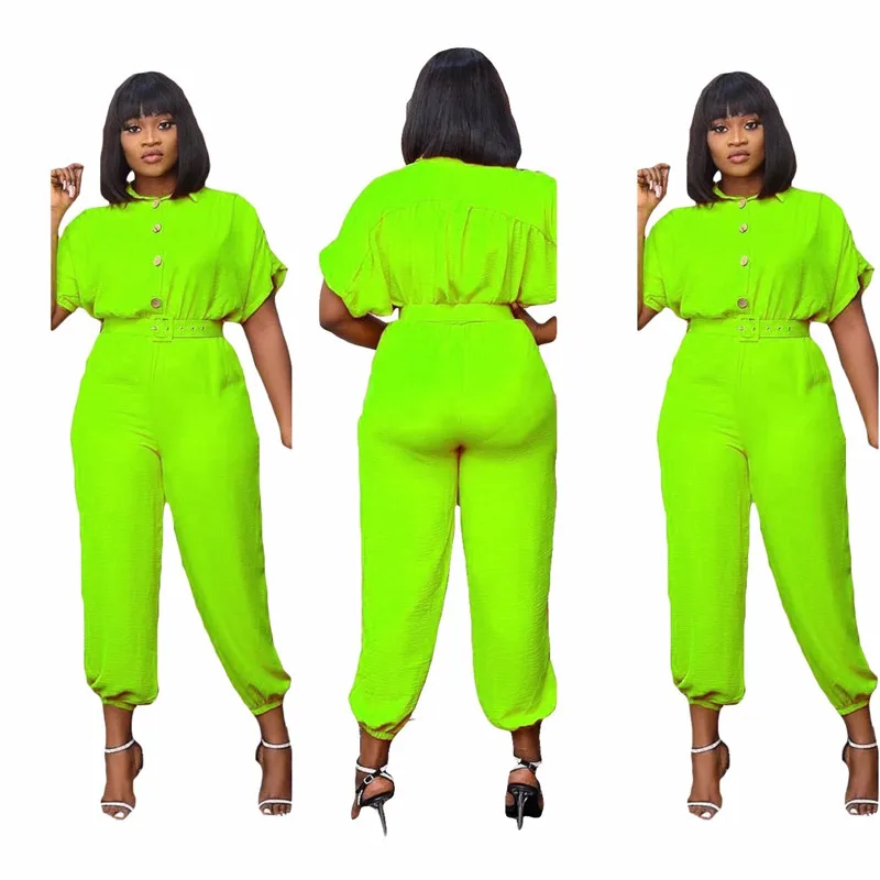 Women Summer Casual Loose Jumpsuits Single-breasted Design Belt Decor Turn-down Collar Half Sleeve High Waist Leggings Jumpsuit
Women Summer Casual Loose Jumpsuits Single-breasted Design Belt Decor Turn-down Collar Half Sleeve High Waist Leggings Jumpsuit