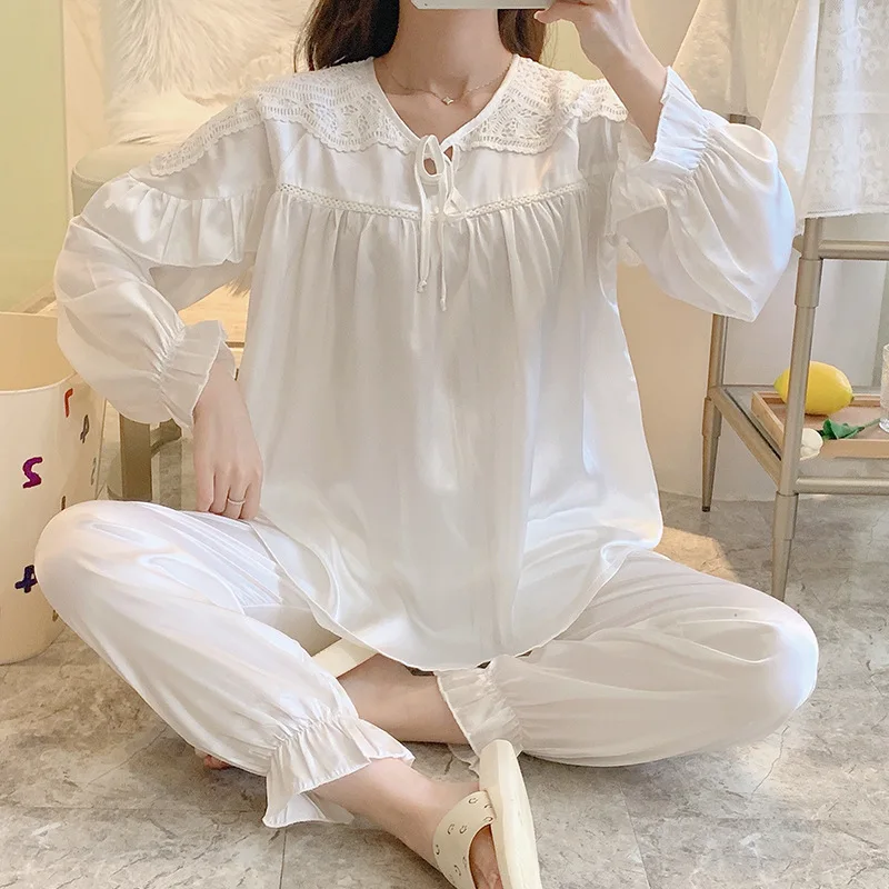 White Nightwear Sleep Set Cotton 2PCS Pajamas Suit Long Sleeve Home Clothing Sleepwear Women Spring New Casual Homewear Pyjamas 
White Nightwear Sleep Set Cotton 2PCS Pajamas Suit Long Sleeve Home Clothing Sleepwear Women Spring New Casual Homewear Pyjamas