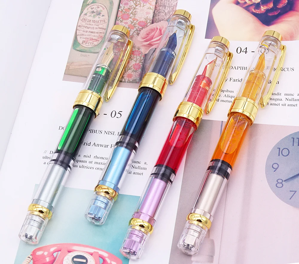 

New Upgraded Colorful Wing Sung 3008 Piston Transparent Wingsung Fountain Pen Golden EF/F Nib & Trim Ink Pen Office School Gift