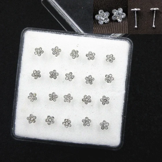 20PCS/Box White Flower Shape Women Body Piercing Jewelry Silver Nose Studs Mix Color Crystal stone Nose Ring
20PCS/Box White Flower Shape Women Body Piercing Jewelry Silver Nose Studs Mix Color Crystal stone Nose Ring