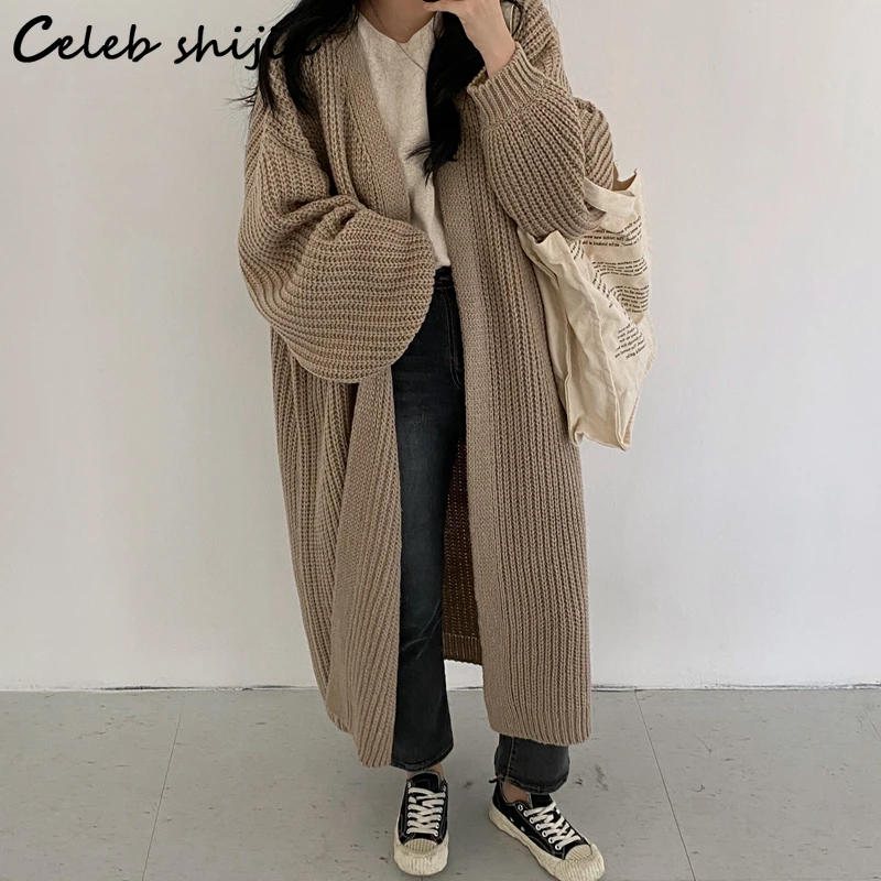 

SHIJIA Khaki Long Cardigan Woman Autumn Winter 2021 Knitted Coat Loose Long-sleeve Thicken Warm Vintage Sweater Outfit Lady