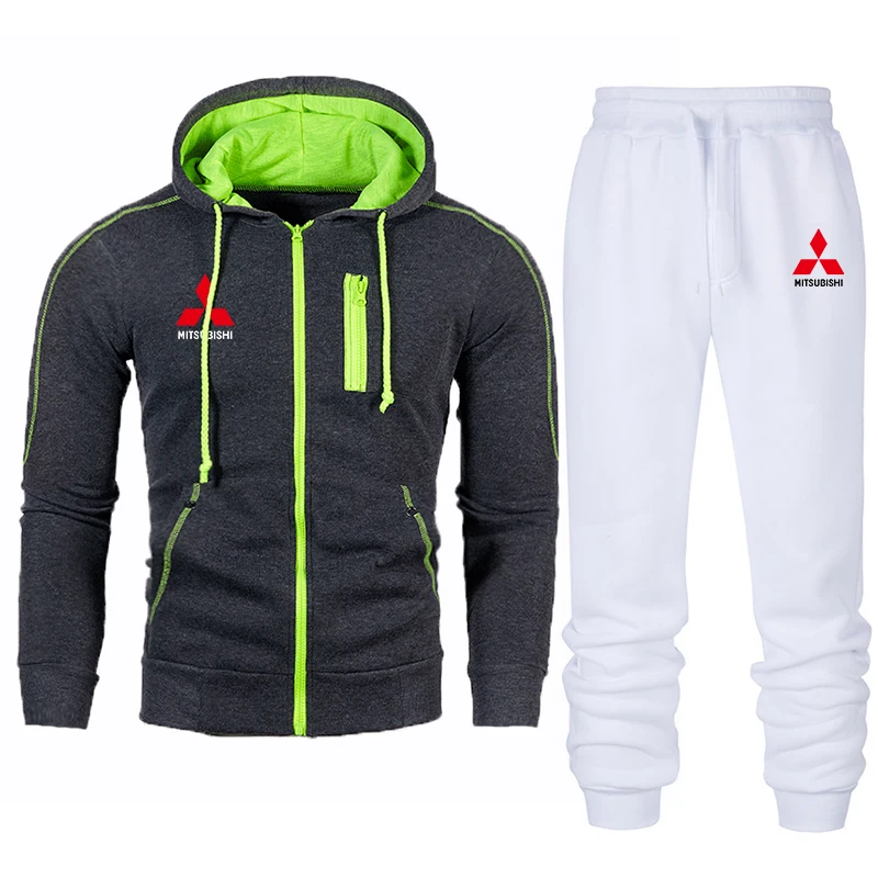 2021 spring and autumn men's Mitsubishi car LOGO pocket zipper hooded sweater + trousers suit male N