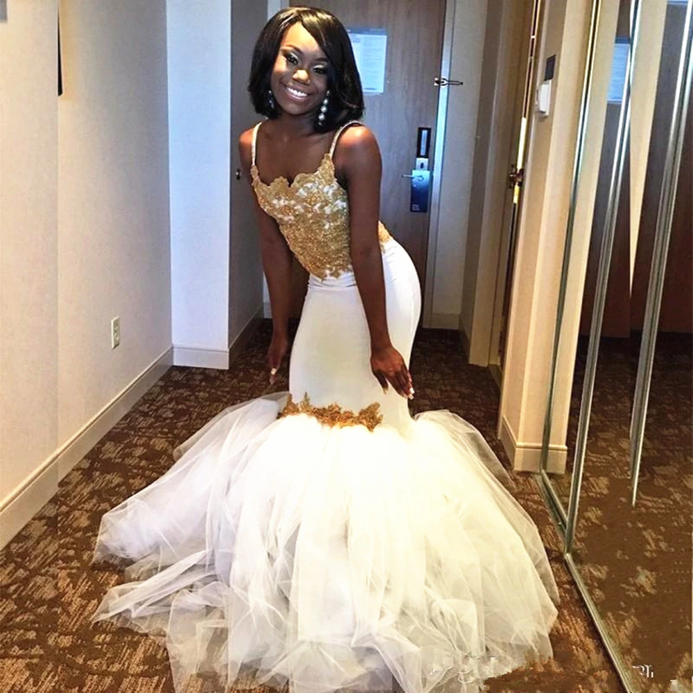 Gold Lace Prom Dresses Spaghetti Straps Appliques Tulle Robe De Soiree Long Mermaid Evening Party Gowns 2019 Floor Length
Gold Lace Prom Dresses Spaghetti Straps Appliques Tulle Robe De Soiree Long Mermaid Evening Party Gowns 2019 Floor Length