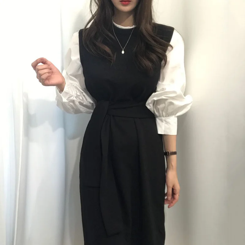 

Korean Party Dress Chic Early Autumn Round Neck Contrast Color Waist Closing Splicing Fake Two-piece Bubble Sleeve Knitted