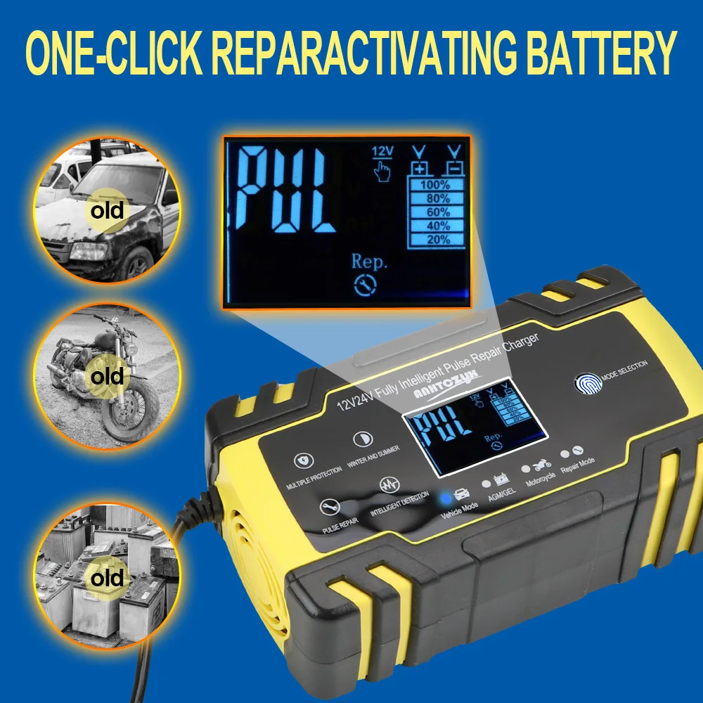 Wet Dry Lead Acid Battery-chargers 12V-24V 8A Full Automatic Car Battery Charger Pulse Repair Digital LCD Display
Wet Dry Lead Acid Battery-chargers 12V-24V 8A Full Automatic Car Battery Charger Pulse Repair Digital LCD Display