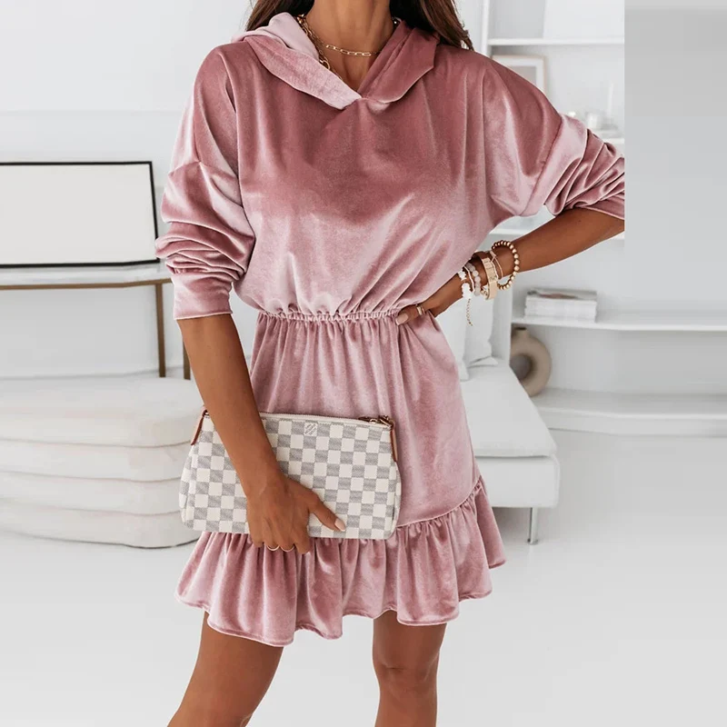 Women Elegant Slim Solid Mini Dress Vintage Hooded Full Sleeve Ruffle Party Dress Casual Fall Pullover Streetwear Vestido Femme
Women Elegant Slim Solid Mini Dress Vintage Hooded Full Sleeve Ruffle Party Dress Casual Fall Pullover Streetwear Vestido Femme