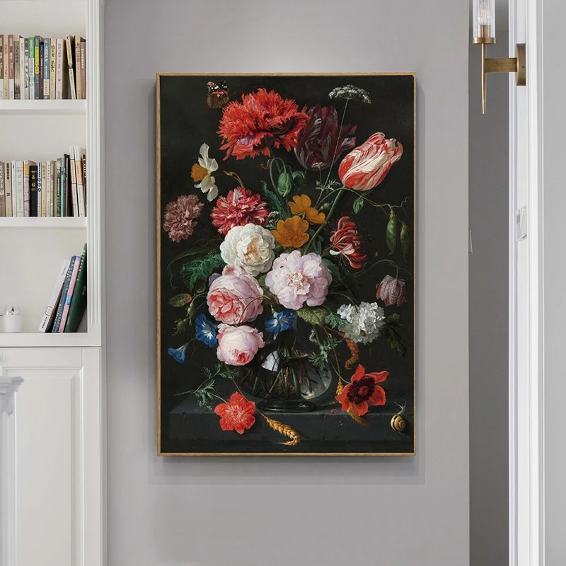 

Baroque Still Life with Flowers In Glass Vase Oil Paintings Print Canvas Posters and Prints Wall Art Pictures Home Decoration