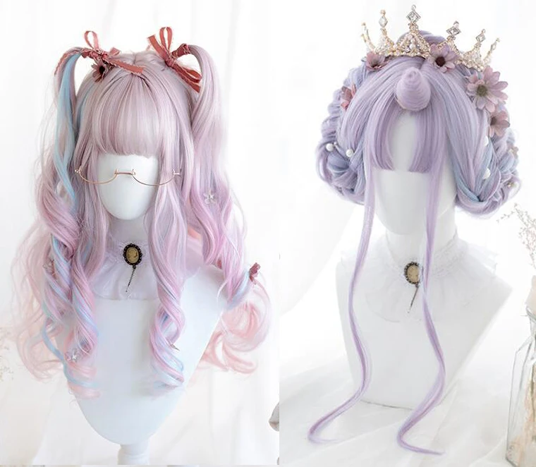 

Anime 65CM Long Wavy Ombre Pink Blue Wig with Bangs Cosplay Natural Hair Harajuku Anime Wigs for Women Synthetic Halloween Wigs