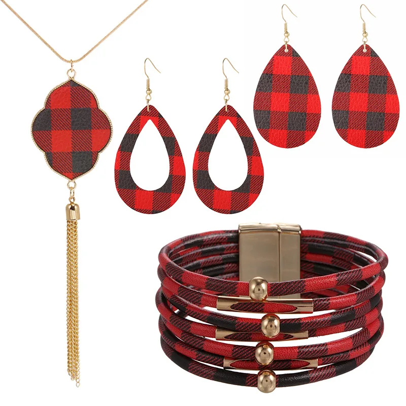 Faux Leather Set layered Charms Necklace Earrings Red Buffalo Plaid Black & White Stripes Leopard 2.5" Teardrop Christmas Gift
Faux Leather Set layered Charms Necklace Earrings Red Buffalo Plaid Black & White Stripes Leopard 2.5" Teardrop Christmas Gift