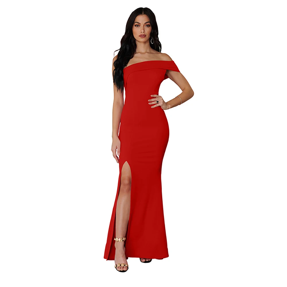 European and American plus size sexy one-shoulder maxi dress word collar side split dress 
European and American plus size sexy one-shoulder maxi dress word collar side split dress
