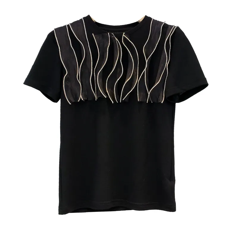 2021 New Summer T-shirt Women's Pleated Diamond Chain Round Neck Short Sleeve Solid Color T Shirt Female Loose Casual Basic Tees 
2021 New Summer T-shirt Women's Pleated Diamond Chain Round Neck Short Sleeve Solid Color T Shirt Female Loose Casual Basic Tees