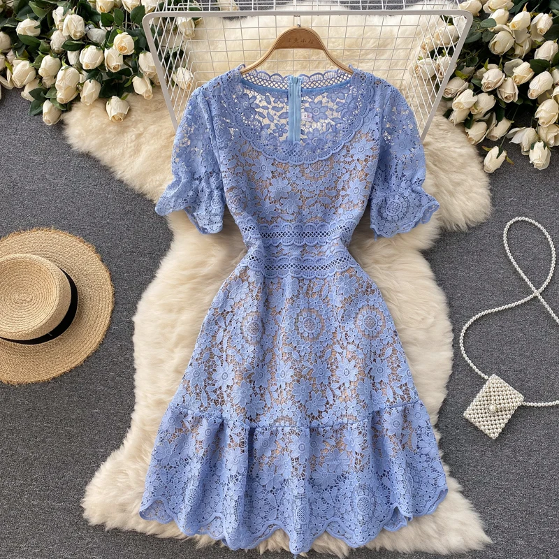 Women Hollow Out Lace Mini Dress Vintage Round Neck Short Sleeve High Waist A-Line Ruffle Party Vestidos Female Robe 2021 New
Women Hollow Out Lace Mini Dress Vintage Round Neck Short Sleeve High Waist A-Line Ruffle Party Vestidos Female Robe 2021 New