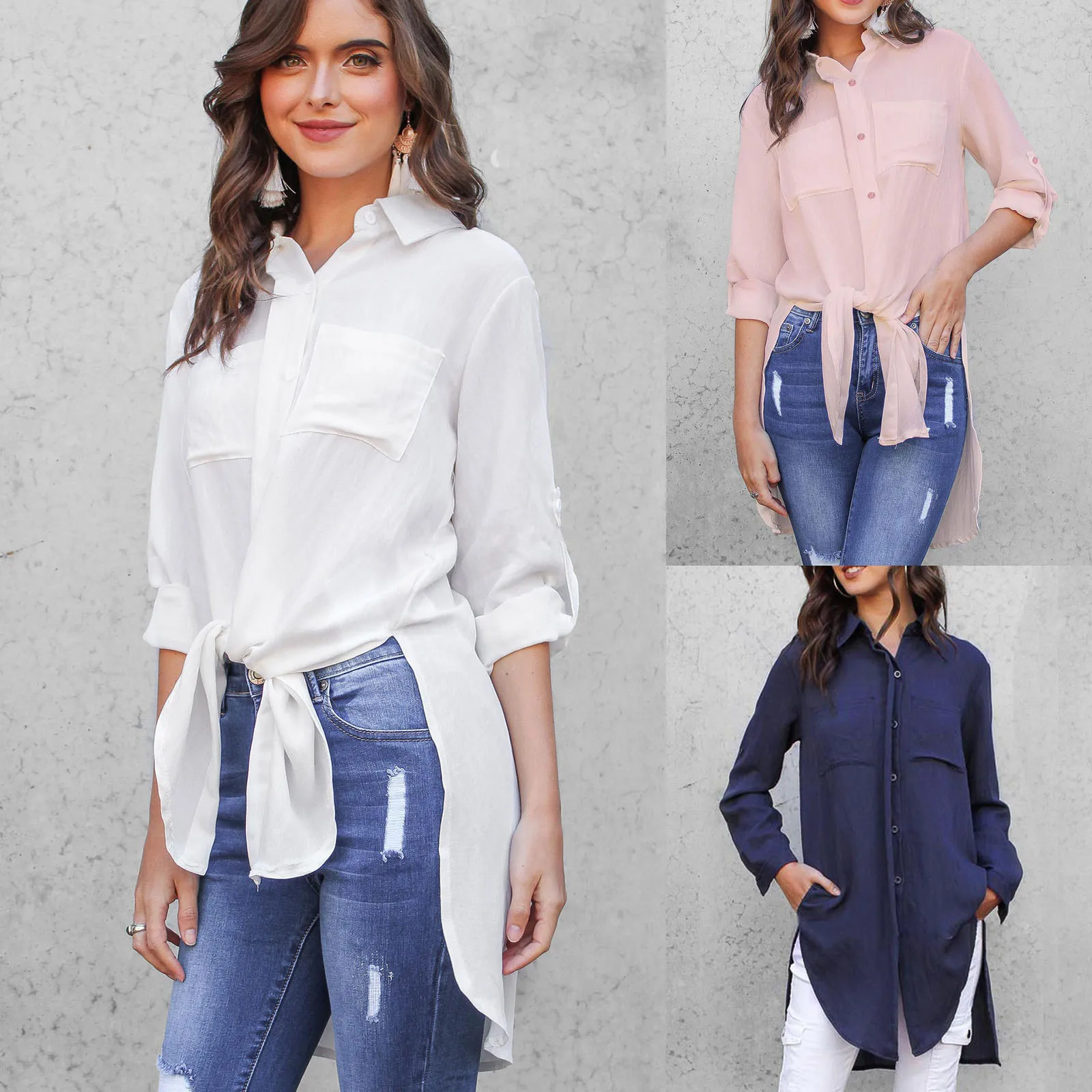 Women Long Sleeve Button T-Shirt Casual Collared Blouse Front Tie Tunic Tops 
Women Long Sleeve Button T-Shirt Casual Collared Blouse Front Tie Tunic Tops