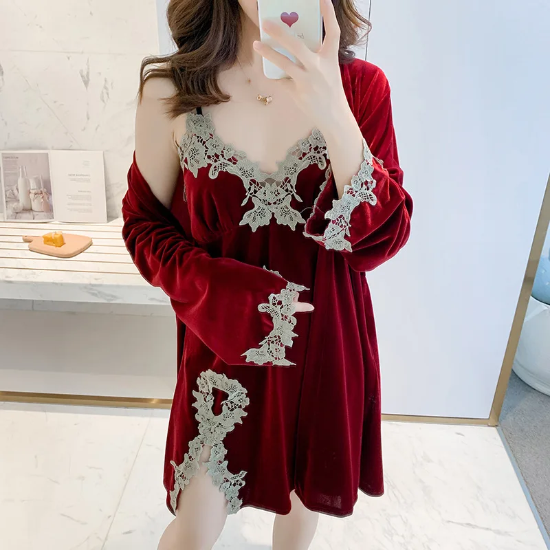 

Sexy Women Velvet Robe Set Nighty&Bathrobe Nightwear Lace V-neck Nightdress Sleepwear Sleep Set Casual Soft Home Dressing Gown