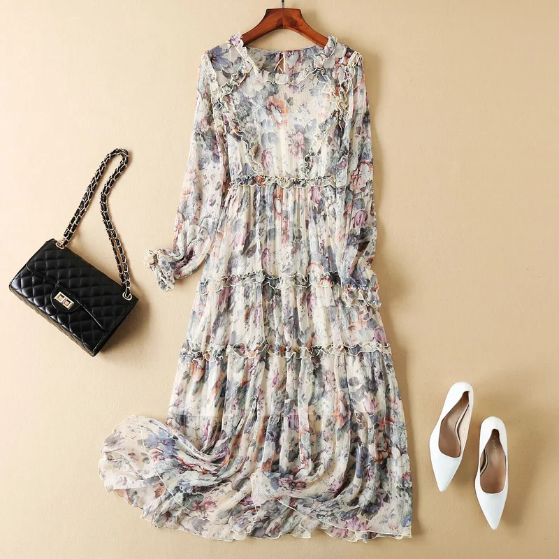 Summer High Quality Runway Dress 2021 Women Elegant Ruffles O-neck Long Sleeve Flower Printed Maxi Silk Dresses Women
Summer High Quality Runway Dress 2021 Women Elegant Ruffles O-neck Long Sleeve Flower Printed Maxi Silk Dresses Women