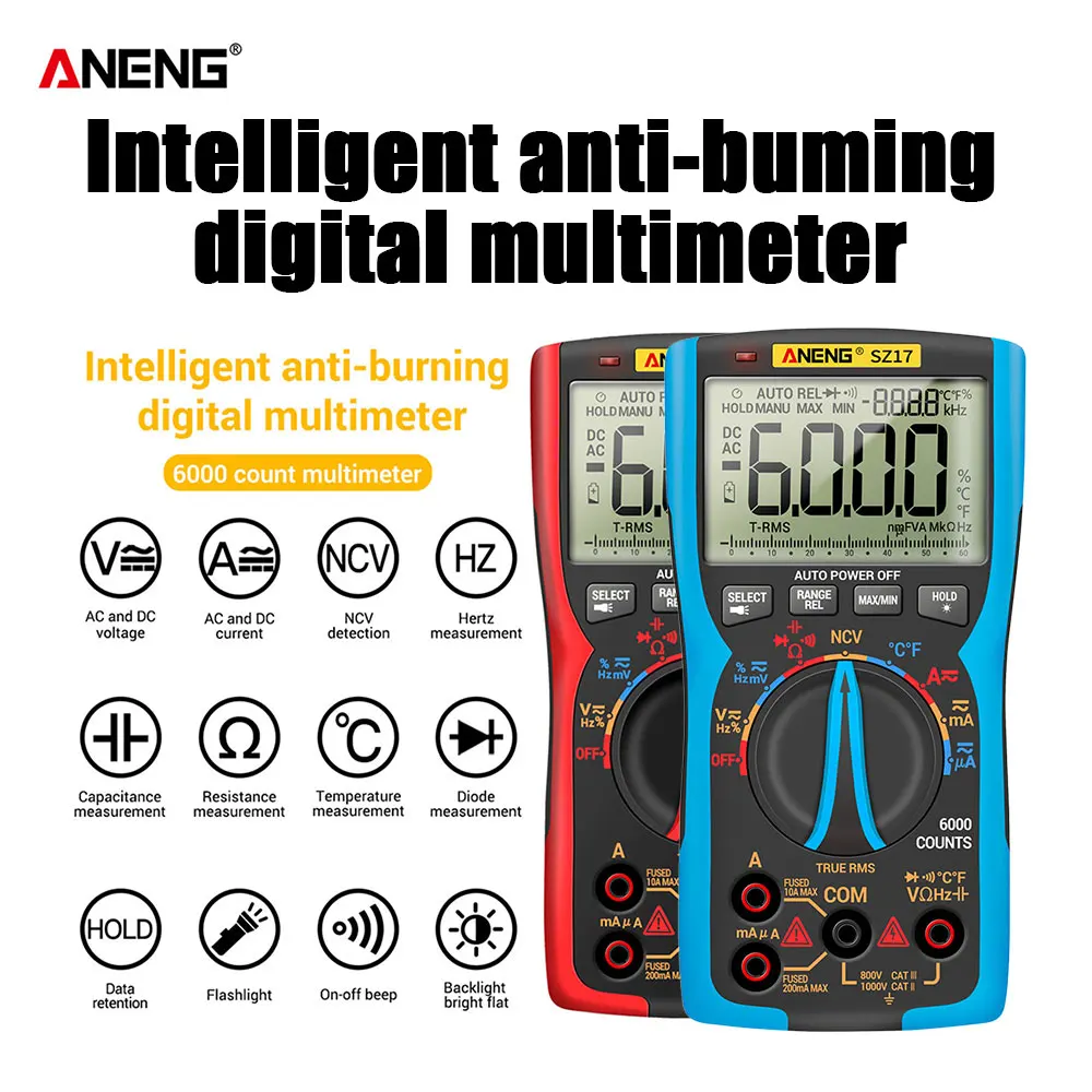 ANENG SZ17 Digital Multimeter 6000 Counts Professional Measuring Frequency Multimetro Transistor Capacitor NCV Maintain Tester
ANENG SZ17 Digital Multimeter 6000 Counts Professional Measuring Frequency Multimetro Transistor Capacitor NCV Maintain Tester