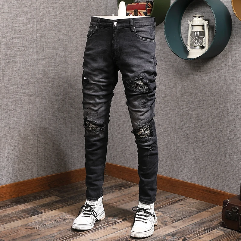 Street Style Fashion Men Jeans Retro Black Gray Elastic Slim Fit Destroyed Ripped Jeans Men Patch Designer Hip Hop Denim Pants
Street Style Fashion Men Jeans Retro Black Gray Elastic Slim Fit Destroyed Ripped Jeans Men Patch Designer Hip Hop Denim Pants