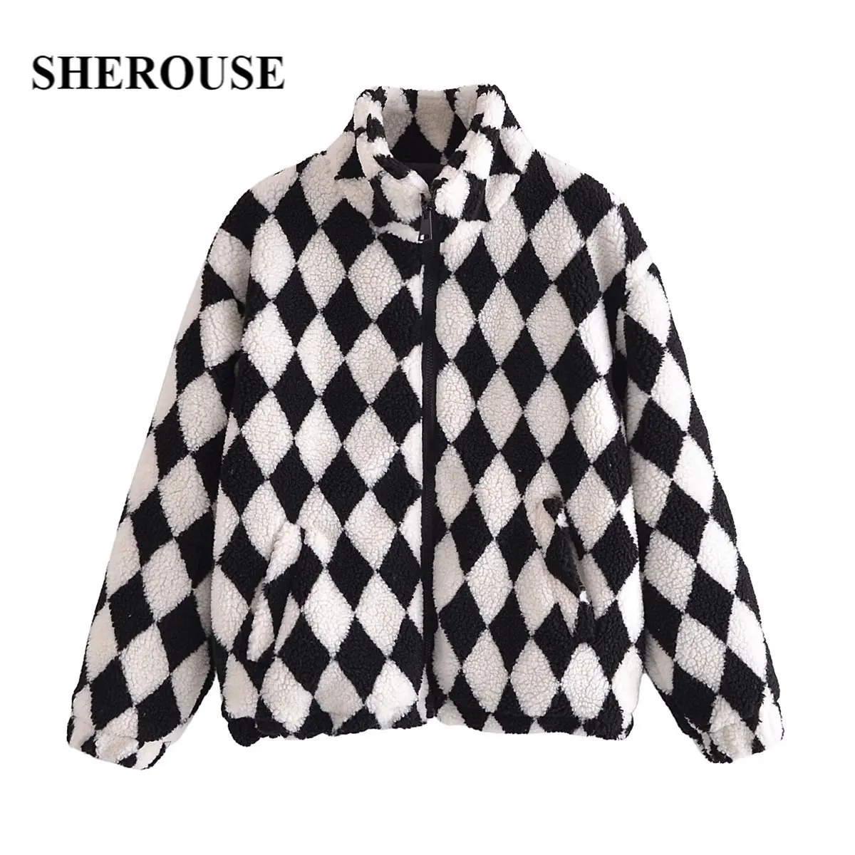 Sherouse Women Fashion Front Zipper Black White Argyle Jacket Vintage High Neck Long Sleeve Female Coat Chic Top Outfit
Sherouse Women Fashion Front Zipper Black White Argyle Jacket Vintage High Neck Long Sleeve Female Coat Chic Top Outfit