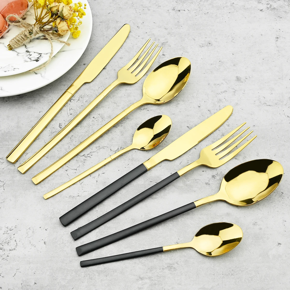 6people Black Gold Dinnerware Set Stainless Steel Cutlery Knives Forks Tea Spoon Tableware Flatware Party Kitchen Silverware Set
6people Black Gold Dinnerware Set Stainless Steel Cutlery Knives Forks Tea Spoon Tableware Flatware Party Kitchen Silverware Set