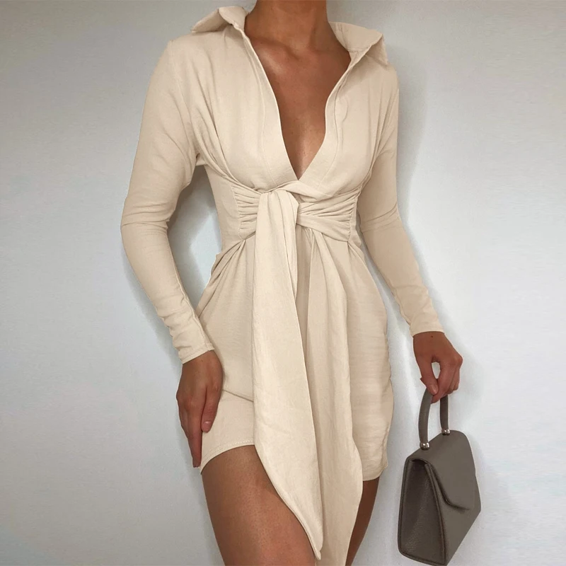 Women's Dress Solid Color Lapel V-neck Long Sleeve Mini Dress Fall Spring Office Lady Bandage Wrap Hips Dress
Women's Dress Solid Color Lapel V-neck Long Sleeve Mini Dress Fall Spring Office Lady Bandage Wrap Hips Dress