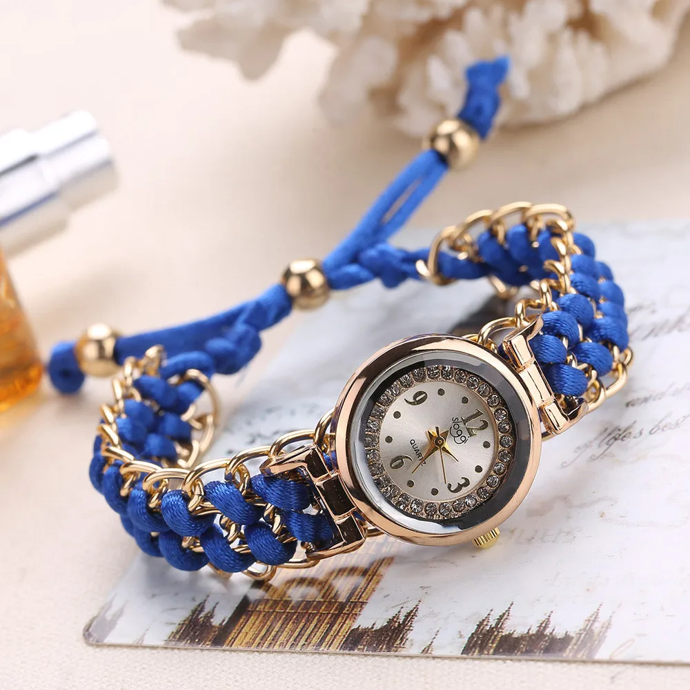 Woman Rhinestone Bracelet Watch Handmade Knitting Rope Chain Winding Analog Quartz Movement Elastic Fashion Wrist Watch Reloj
Woman Rhinestone Bracelet Watch Handmade Knitting Rope Chain Winding Analog Quartz Movement Elastic Fashion Wrist Watch Reloj