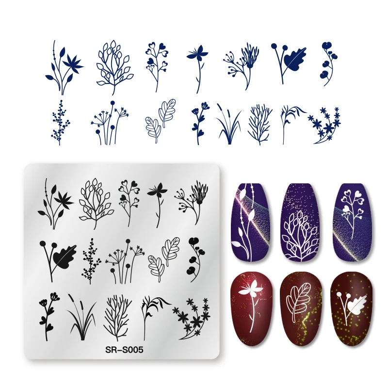 

RBAN NAIL Nail Art Stamp Stamping Image Plate Plants Leaves Flower Pattern Round Rectangle Stainles Steel Nail Template Stencil