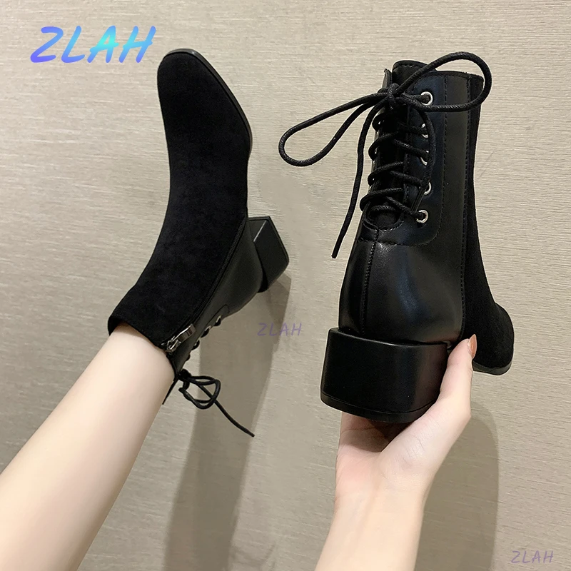 New Fashion Thick-soled Women's Short Boots Zlah Knight Boots with Back Lace Zipper Mid-heel Round Toe Female Martin Ankle Boots
New Fashion Thick-soled Women's Short Boots Zlah Knight Boots with Back Lace Zipper Mid-heel Round Toe Female Martin Ankle Boots