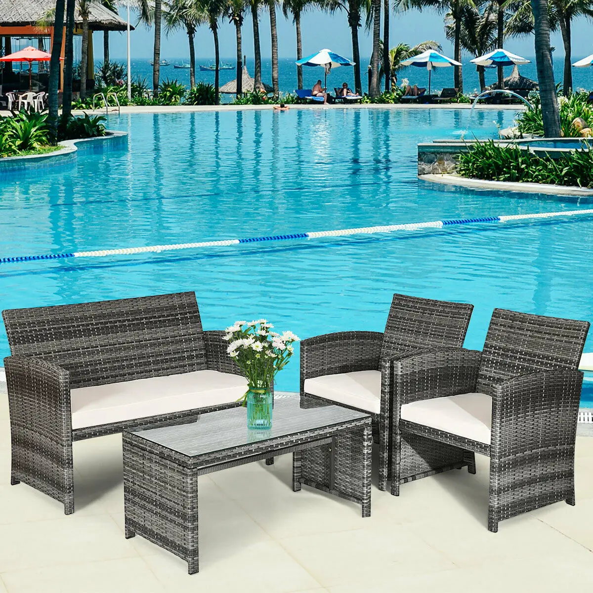 Costway 4PCS Patio Rattan Furniture Set Conversation Glass Table Top Cushioned Sofa HW63238
Costway 4PCS Patio Rattan Furniture Set Conversation Glass Table Top Cushioned Sofa HW63238